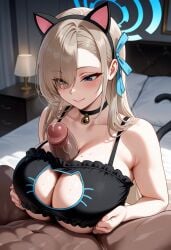 1girls ai_generated asuna_(blue_archive) blue_archive cat_lingerie catgirl cleavage dark-skinned_male female interracial large_breasts sfcprojunior