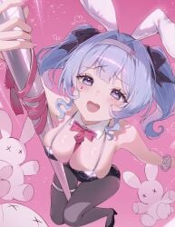 big_breasts blue_eyes blue_hair bunny_ears bunny_girl bunny_tail bunnysuit hatsune_miku heart huge_breasts pink_eyes pink_hair rabbit_hole_(deco*27/caststation) rabbit_hole_(vocaloid) ribbon smile stuffed_toy thighs twintails vocaloid