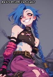 ai_generated blue_hair blush braid breasts breasts_out choker clothed covered_in_cum cum cum_on_face genital_fluids gesugao jinx_(league_of_legends) league_of_legends long_hair looking_at_viewer patreon purple_eyes riot_games ripped_clothing smiling smiling_at_viewer solo tattoo torn_clothes twin_braids vanstyler very_long_hair