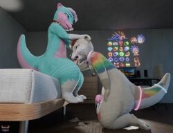 3d_(artwork) absurd_res anthro ass awtter bedroom_sex bodily_fluids chastity_cage chastity_device cum cum_drip cum_in_mouth cum_inside digital_media_(artwork) dripping duo galax_vr genital_fluids hi_res kneeling_oral_position lucky_(otter) lucky_otter male male/male mammal mustelid otter pink_chastity_cage ractertheawtt sex vrchat