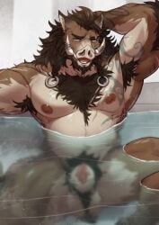 animal_genitalia anthro areola armpit_hair balls biped body_hair brown_body brown_fur chest_hair fur genitals hi_res male mammal muscular muscular_anthro muscular_male nipples partially_submerged pecs sheath solo suid suine sus_(pig) toumator18 tusks water wild_boar