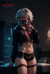 1boy ai_generated bed bedroom bulge bulge_through_clothing choker ear_piercing earrings femboy flat_chest ilfb mask masked masked_male night night_sky otoko_no_ko pantyhose red_eyes short_hair standing trap white_hair window