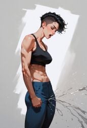 ai_generated black_tank_top blue_pants female muscular short_hair