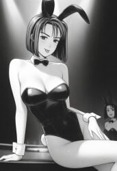 ai_generated best_quality black_leotard bowtie bunny_ears bunny_girl bunny_tail female initial_d light_smile looking_at_viewer masterpiece monochrome natsuki_mogi nightclub open_mouth sexy_pose sitting wrist_cuffs