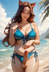 ai_generated beach big_breasts bikini blue_eyes catgirl female futanari long_hair