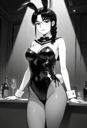 ai_generated best_quality black_and_white_manga_style black_leotard bowtie bunny_ears bunny_girl bunny_tail cowboy_shot female glasses initial_d light_smile looking_at_viewer manga manga_style masterpiece monochrome nightclub performing_seductively seductive_look seductive_smile serafuku shiraishi stripper_pole wrist_cuffs