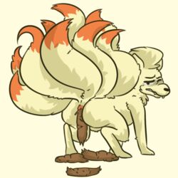 2017 ambiguous_gender anus blush crouching dipstick_tail eyebrows feces feral iced-tea looking_back multi_tail multicolored_tail ninetales nintendo one_eye_closed pokémon_(species) pokemon puffy_anus raised_tail rear_view scat simple_background video_games white_background