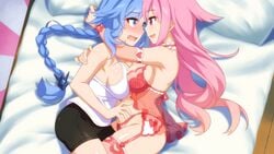 2girls bike_shorts blue_eyes blue_hair breasts female female_only lilim_(sakura_cupid) lingerie multiple_girls negligee on_bed pink_eyes pink_hair sakura_cupid seraphim_(sakura_cupid) shorts wanaca winged_cloud yuri