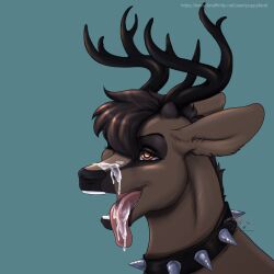 antlers black_antlers black_horn bodily_fluids brown_body brown_eyes brown_fur brown_hair cervine collar cum cum_on_face cum_on_tongue deer ferael feral fur genital_fluids hair hi_res horn male mammal pink_tongue poppyferal solo spiked_collar spikes teeth tongue