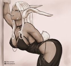 bent_over black_dress bunny_ears bunny_girl bunny_tail female female_focus female_only ganli mirko miruko modakawa_dress monochrome my_hero_academia ra rabbit_girl rabbit_tail rumi_usagiyama sideboob smirk smirking solo solo_female superheroine