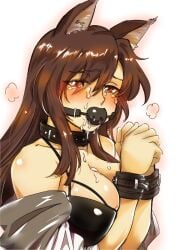 animal_ears arms_up ball_gag black_trim blush bondage bound bound_wrists bra brown_hair commentary_request crying crying_with_eyes_open cum cum_on_body dress facial female gag gagged highres imaizumi_kagerou leather_collar long_hair nunnun_(shunka_shuutou) off-shoulder_dress off_shoulder raised_inner_eyebrows red_eyes simple_background solo steam strap swept_bangs tears touhou underwear upper_body white_background white_dress wolf_ears wolf_girl wrist_cuffs