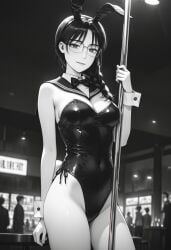 ai_generated black_and_white black_leotard bowtie breasts bunny_ears bunny_girl bunny_tail cowboy_shot female glasses initial_d light_smile looking_at_viewer manga manga_style monochrome nightclub performing_seductively seductive_look seductive_smile serafuku shiraishi stripper_pole wrist_cuffs