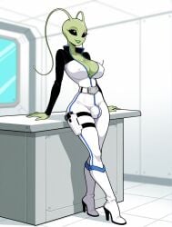 1futa 1girls against_table ai_generated alien alien_girl alien_humanoid antennae_(anatomy) arm_support bald belt black_eyes black_sleeves blue_trim bodysuit bulge cleavage clothed covered_nipples earless eyelashes futanari green_lips green_skin gynomorph high_collar high_heel_boots high_heels holster holstered_weapon indoors intersex jimojo knee_boots large_breasts leaning light_smile long_sleeves multicolored_clothing narrow_waist no_ears no_nose no_pupils no_sclera noseless parted_lips science_fiction solid_eyes solo stable_diffusion standing thigh_holster utility_belt white_bodysuit