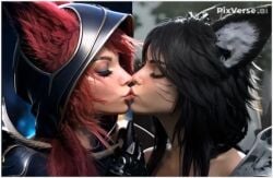 2girls ahri ai_generated flirting girl_on_girl kissing league_of_legends lesbian_couple lesbian_kiss lovers vastaya xayah yuri