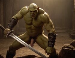 ai_generated bara big_muscle big_penis erection green_skin huge_cock male muscular_male orc orc_male orced penis