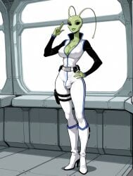 1futa 1girls against_table ai_generated alien alien_girl alien_humanoid antennae_(anatomy) arm_support bald belt black_eyes black_sleeves blue_trim bodysuit bulge cleavage clothed covered_nipples earless eyelashes futanari green_lips green_skin gynomorph hand_on_hip hand_up high_collar high_heel_boots high_heels holster holstered_weapon indoors jimojo knee_boots large_breasts leaning light_smile long_sleeves multicolored_clothing narrow_waist no_ears no_nose no_pupils no_sclera noseless one_hand_up parted_lips salute science_fiction solid_eyes solo stable_diffusion standing thigh_holster two_fingers_up utility_belt white_bodysuit