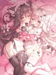 2girls animal_ears ass black_ribbon black_thighhighs blank_censor blue_eyes blush breasts brown_hair candy cat_ears cat_girl cat_tail censored chocolate chocolate_on_body commentary_request food food_on_body hair_between_eyes heart heart-shaped_chocolate heart-shaped_food heart-shaped_pupils highres large_breasts long_hair looking_at_viewer lying momozu_komamochi multiple_girls navel nipples on_bed oppai_loli original pink_hair pussy red_ribbon ribbon signature symbol-shaped_pupils tail thighhighs white_thighhighs yellow_eyes