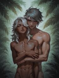 2boys ai_generated alhaitham_(genshin_impact) cyno_(genshin_impact) gay genshin_impact gray_hair hug naked_male twink yaoi