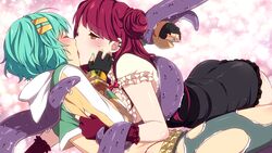 2girls amber_eyes closed_eyes cyan_hair female inma kimiko_(sakura_agent) kissing masumi_(sakura_agent) multiple_girls red_hair sakura_agent tentacle winged_cloud yuri