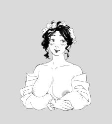 areola areolae bare_shoulders big_breasts black_and_white blush breasts breasts_out friedrich_engels friedrich_engels_dtiys lipstick looking_away meme monochrome short_hair simple_background tagme top_half