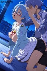 ahe_gao ai_generated aoi_(houkago_no_pleiades) arched_back ass ass_up biker_shorts blue_eyes blue_hair censored female floor glasses grabbing grabbing_hair houkago_no_pleiades jacket koinaart penis perky_breasts pussy short_hair short_shorts shorts stable_diffusion thick_thighs vagina vaginal_penetration