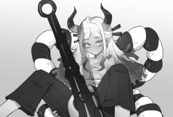 big_breasts earrings horns huge_breasts huge_thighs long_hair monochrome one_piece thighs weapon yamato_(one_piece)