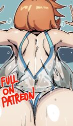 1girl ass ass_focus back back_cutout backboob bathsalts bodily_fluids breasts busty choker clothing clothing_cutout competition_swimsuit english_language english_text facing_away female from_behind huge_ass huge_breasts implied_sex kasumi_(pokemon) median_furrow misty_(pokemon) misty_(pokemon_hgss) one-piece_swimsuit one-piece_thong orange_hair pokemon see-through short_hair shoulder_blades solo sportswear sweat swimsuit tank_suit text thong wet white_one-piece_swimsuit white_swimsuit