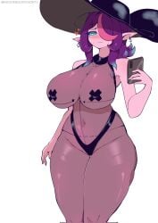 big_ass big_breasts big_breasts big_butt big_hips female female_only froofroofroosty hat_on_head panties phone purple_body tape_on_nipples