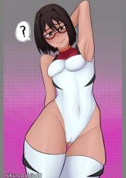 1girls armpits arms_up belly_button blush bodysuit cameltoe female glasses kurodahlia18 original original_character short_hair shy small_breasts solo solo_female sweat tan_body tan_skin thick_thighs thighhighs wide_hips