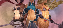 3girls abs abs_focus absurdres amazon_(dragon's_crown) armor ass_visible_through_thighs attack_on_titan avatar_the_last_airbender bare_shoulders bikini_armor black_bra black_hair blonde_hair bra breasts brown_hair cleavage clothing collarbone cropped_jacket crossover dark-skinned_female dark_skin dragon's_crown eastern_and_western_character elbow_gloves emblem erotibot female_only fingerless_gloves gloves groin hair_tubes head_out_of_frame highres huge_filesize jacket korra large_breasts long_hair medium_breasts midriff mikasa_ackerman military_uniform multiple_girls muscular_female navel open_clothes open_jacket paid_reward pants patreon_reward scarf shirt shirt_lift short_hair six_pack sleeveless source_request standing stomach straight_hair sword tattoo the_legend_of_korra thick_thighs thigh_gap thigh_strap three-dimensional_maneuver_gear toned toned_female trait_connection underwear weapon wide_hips