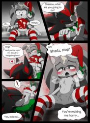 ! 2boys ??? batter black_fur christmas comic dialogue gay green_eyes green_sweater headgear heart horny licking male male_only nowykowski7 red_eyes red_fur red_legwear red_shirt santa_hat shadow_the_hedgehog shirt sonic_(series) sonic_the_hedgehog speech_bubble spot_color sweater thighhighs two_tone_legwear undressing white_legwear yaoi