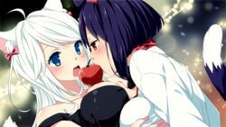 2girls amber_eyes apple ass black_hair blue_eyes breast_grab breasts cat_ears cat_tail catgirl female female_only inma kayo_(sakura_shrine_girls) licking multiple_girls nayoko_(sakura_shrine_girls) sakura_shrine_girls saliva white_hair winged_cloud yuri