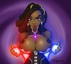 2d amber_eyes armor artist_name artist_signature breasts commission corset dark-skinned_female dark_nipples dark_skin dreadlocks drgonzo earrings gauntlets glowing huge_breasts imani_(paladins) jewelry large_breasts lips lipstick mage magic paladins patreon shiny_breasts video_games