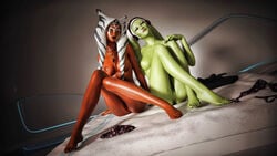 2girls 3d ahsoka_tano alien areola background barefoot bed bedroom black_fingernails black_nail_polish black_toenails breasts clothes_removed completely_nude crossed_legs dark_lipstick duo earmuffs elerav facial_markings feet female female_only green_skin hand_on_knee hand_on_leg head_tilt headband headgear headwear hera_syndulla horn indoors knees_together_feet_apart legs lekku lipstick multiple_girls nail_polish necklace neckwear nude nude_female on_bed orange_body orange_skin pink_lipstick pussy shaved_pussy shiny_skin sitting sitting_on_bed small_breasts spread_legs star_wars star_wars_rebels tentacle tentacle_hair toes togruta twi'lek wet