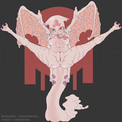 3_toes alien ambiguous_species anthro blush breasts demon digigratis eyelashes female looking_at_viewer membranous_wings monster_girl_(genre) navel nipples nude pale_skin plump_labia pussy simple_background smile solo spread_legs spreading toes tongue tongue_out vein white_skin wings