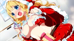 ashamed blonde_hair blue_eyes breasts female female female_only inma ripped_clothing sakura_santa santa_(sakura_santa) solo surprised winged_cloud