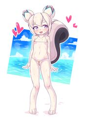 <3 anthro bichosan bikini blue_eyes blush breasts buckteeth clothed clothing exotic_pupils eyebrows_visible_through_hair female hi_res innie_pussy kiki_the_cyber_squirrel looking_aside machine mammal mascot micro_bikini nipple_bulge open_mouth pink_eyes pussy_floss robot rodent sciurid sea side-tie_bikini simple_background skimpy small_breasts smile solo standing swimsuit teeth tree_squirrel water wet white_hair