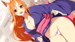 1girls akina_(sakura_santa) amber_eyes breasts female female_only fox_ears fox_girl inma looking_at_viewer orange_hair panties pink_panties sakura_santa skirt_lift solo winged_cloud