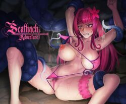 1girls angry_face areolae blush bra_lift breasts clenched_teeth erect_nipples fate/grand_order fate_(series) female g-string g-string_aside g-string_pulled_aside garter imminent_tentacle_sex large_breasts lycra_(artist) nipples one_breast_out open_mouth pink_bra pink_g-string pink_hair pubic_hair pussy rape red_eyes restrained_by_tentacles scathach_(fate) scathach_(swimsuit_assassin) sharp_teeth slime spread_legs string_bra stripped_by_tentacles teeth_clenched tentacle tentacle_grab tentacle_rape tentacle_under_clothes tentacles_around_arms tentacles_around_legs