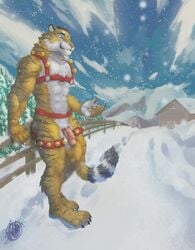 2019 5_fingers anthro bell biped claws detailed_background eyebrows felid feline flaccid fur glans harness humanoid_penis jingle_bell karnal male male_only mammal outside pantherine penis shynjy sky snow solo standing striped_fur stripes tiger toe_claws