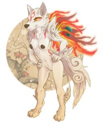 1oi 2019 absurd_res amaterasu anthro breasts canid canine canis capcom deity digital_media_(artwork) female fire fur hi_res mammal markings nipples nude okami orange_eyes pussy simple_background smile solo standing video_games white_fur wolf