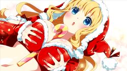 blonde_hair blue_eyes breast_grab breast_squeeze breasts candy_cane female female_only inma outercourse paizuri sakura_santa santa_(sakura_santa) solo winged_cloud