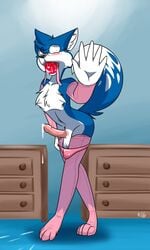 2017 5_fingers anthro ball_gag balls blue_fur blush canid canine caught clothed clothing cum dipstick_tail erection first_person_view fox fur gag inner_ear_fluff looking_at_viewer male mammal mostly_nude multicolored_fur multicolored_tail panties penis ryo_(character) ryofox630 signature solo standing sweat teeth two_tone_fur underwear vein white_fur