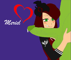 1boy 1girls adventurequest_worlds aqw aqworlds artix_entertainment big_penis blush blushing clothed clothed_female_nude_male clothing female green_eyes green_skin hat headwear male meriel original_character penis purple_background red_hair smiling unseen_male_face varsity_jacket veiny veiny_penis