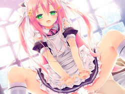 1boy apron black_dress blush censored cowgirl_position cowgirl_position cum cum_in_pussy dress female green_eyes hair_ornament hairclip inagaki_miiko kneehighs long_hair maid maid_headdress open_mouth original pink_hair ribbon sex smile spread_legs straddling two_side_up vaginal_penetration white_apron white_legwear window