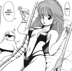 80s bikini black_and_white cleavage curvy_female dragon_half manga mita_ryuusuke portuguese_text