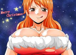 1girls alternate_version_available bare_shoulders big_breasts breasts_bigger_than_head brown_eyes cleavage detailed_background english_text eyelashes female female_only front_view heart human long_hair looking_at_viewer nami one_piece orange_hair pose posing shiny shiny_skin solo speech_bubble teamtgs text tongue_out