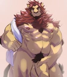 anthro balls beard facial_hair felid flaccid furry humanoid_penis lion looking_at_viewer male male_only mammal mature_male muscular muscular_male pantherine pecs penis pubes smile solo soraa standing sweat uncut