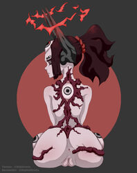 absurd_res alien ambiguous_species ass big_butt biped demon digigratis energy eyelashes female glowing hair hairband hi_res horn looking_at_viewer monster_girl_(genre) multi_eye nude pale_skin ponytail rear_view red_glow red_hair simple_background solo spreading tentacle vein white_skin