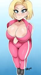 android android_18 areola areola_slip big_breasts blonde_hair blue_eyes bmayneart breasts cleavage clothing dragon_ball dragon_ball_super earrings hair jacket no_bra open_clothes open_jacket track_jacket track_pants track_suit